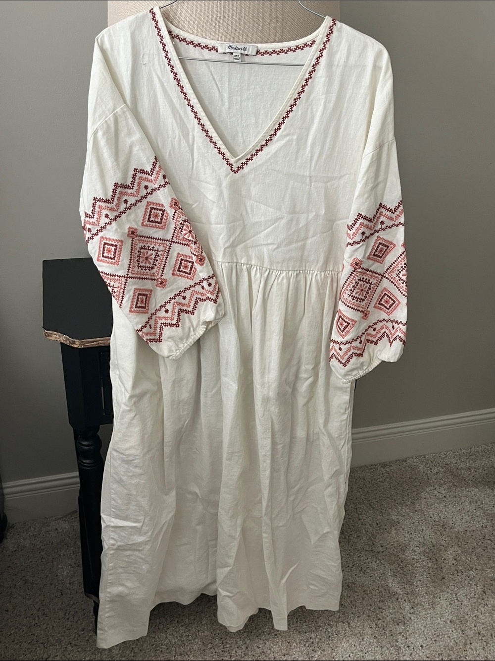 White Embroidered V-Neck Midi Dress with Red Folk Stitching